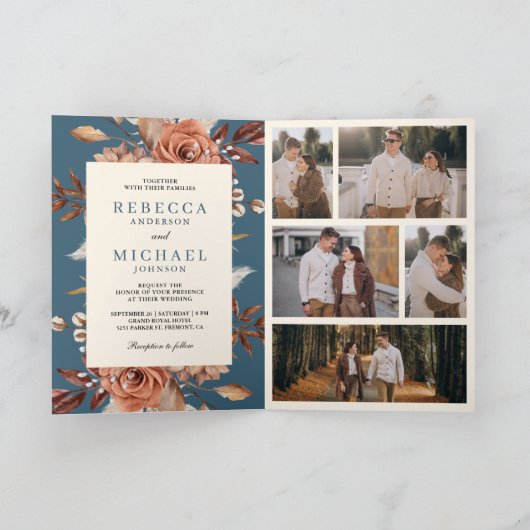 Cream Terracotta Floral QR Code Dusty Blue Wedding (Binnen)