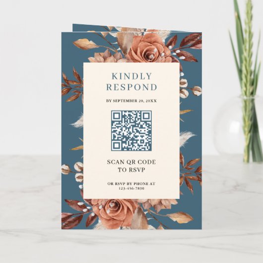 Cream Terracotta Floral QR Code Dusty Blue Wedding (Achterkant)