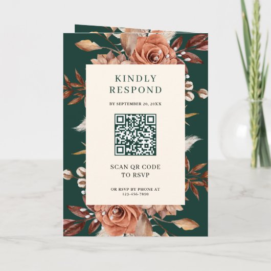 Cream Terracotta Floral QR Code Emerald Wedding (Achterkant)