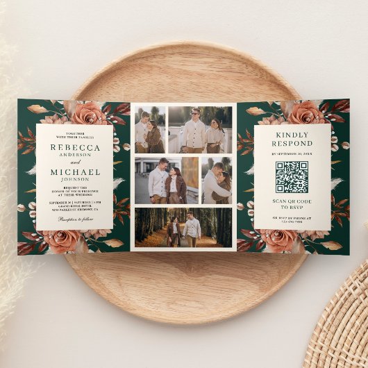 Cream Terracotta Floral QR Code Emerald Wedding Drieluik Uitnodiging