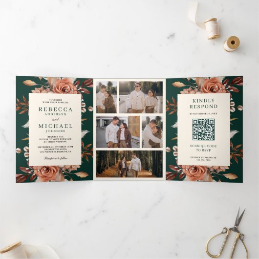 Cream Terracotta Floral QR Code Emerald Wedding Drieluik Uitnodiging (Binnen)