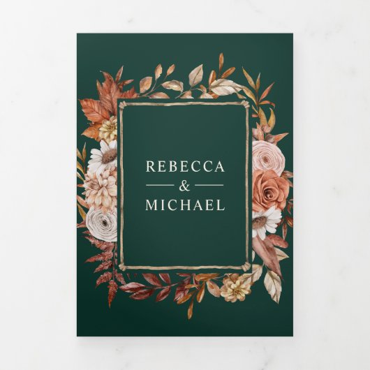 Cream Terracotta Floral QR Code Emerald Wedding Drieluik Uitnodiging (Cover)