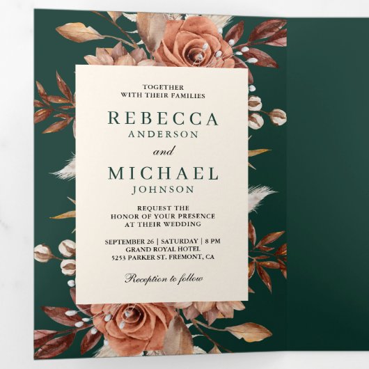 Cream Terracotta Floral QR Code Emerald Wedding Drieluik Uitnodiging (Binnenzijde eerst)