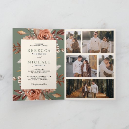 Cream Terracotta Floral QR Code Sage Green Wedding (Binnen)