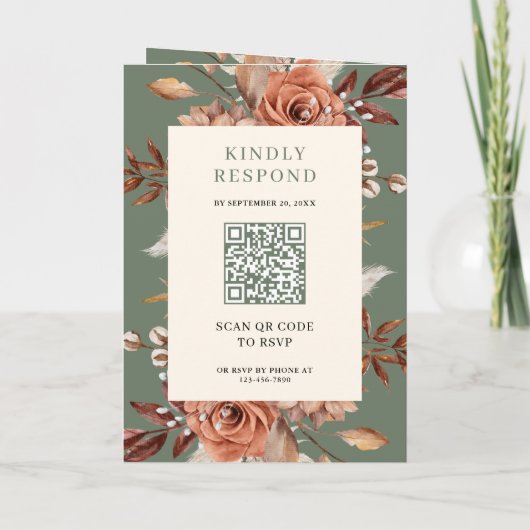 Cream Terracotta Floral QR Code Sage Green Wedding (Achterkant)