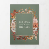 Cream Terracotta Floral QR Code Sage Green Wedding Drieluik Uitnodiging (Cover)