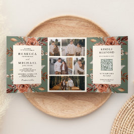 Cream Terracotta Floral QR Code Sage Green Wedding Drieluik Uitnodiging