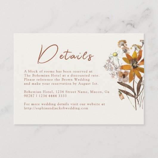 Cream & Terracotta Wildflower Boho Wedding Details Informatiekaartje (Voorkant)