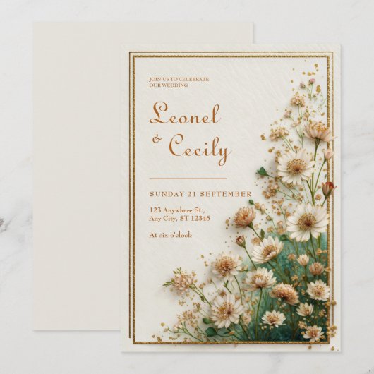 Cream Textured Gold Astrantia Wedding Kaart (Voorkant / Achterkant)