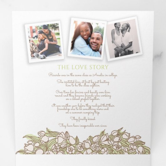 Cream tulips hartverhaal toewijding bruiloft drieluik programma (Binnenzijde eerst)