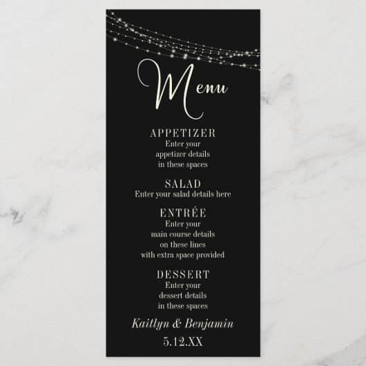 Cream Typografie 32, Zwarte Licht Strings Menu (Voorkant)