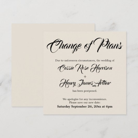 Cream uitgesteld bruiloft verandering van plannen  kaart (Voorkant / Achterkant)