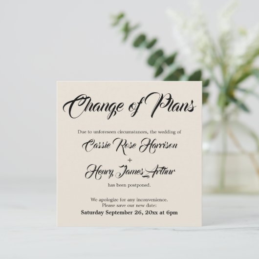 Cream uitgesteld bruiloft verandering van plannen kaart (Staand voorkant)