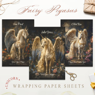 Cream Unicorn Pegasus Floral Fantasy Inpakpapier Vel