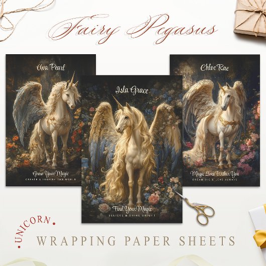  Cream Unicorn Pegasus Floral Fantasy Inpakpapier Vel