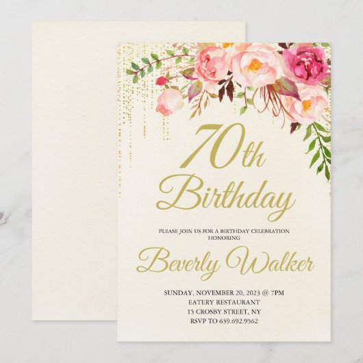 Cream Verjaardag 70e Verjaardag Uitnodiging (Voorkant / Achterkant)