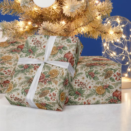 Cream Vintage Botanical Christmas Citrus Pattern Cadeaupapier (Feestdagen)