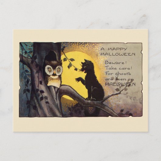 Cream Vintage Cat Warning Owl Spooky Halloween Briefkaart (Voorkant)