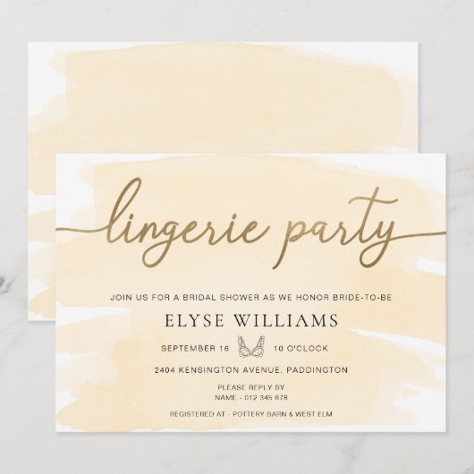Cream Waterverf Gouden Lingerie Party Vrijgezellen Kaart (Voorkant / Achterkant)