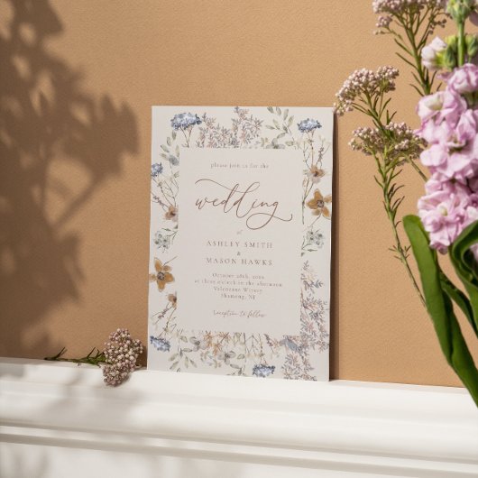 Cream Waterverf Wildbloemen Kalligrafie Bruiloft Kaart