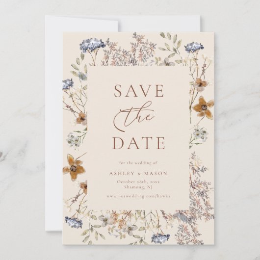 Cream Waterverf Wildbloemen Kalligrafie Bruiloft Save The Date (Voorkant)