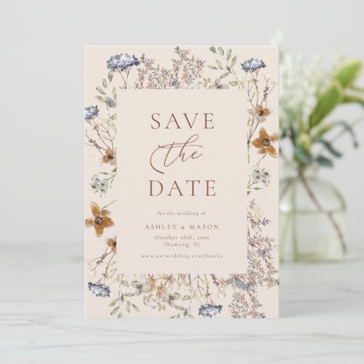 Cream Waterverf Wildbloemen Kalligrafie Bruiloft Save The Date (Staand voorkant)
