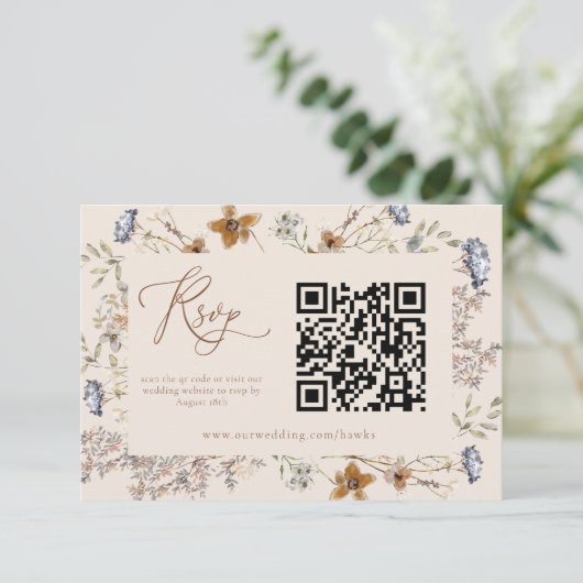 Cream Waterverf Wildflower Kalligrafie RSVP Informatiekaartje (Staand voorkant)