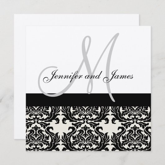 Cream Wedding Invitation Monogram Black Damask Kaart (Voorkant / Achterkant)