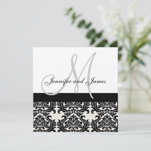 Cream Wedding Invitation Monogram Black Damask Kaart (Staand voorkant)