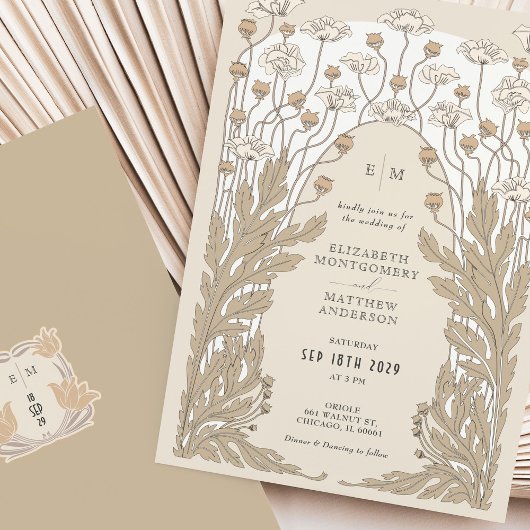 Cream White  Art Nouveau Bloemenbruiloft Kaart