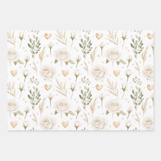 Cream White Bows Hearts Boho Bloemen Verjaardag Inpakpapier Vel (Voorkant 3)
