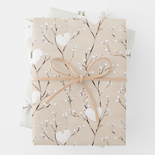 Cream White Bows Hearts Boho Bloemen Verjaardag Inpakpapier Vel (In situ)
