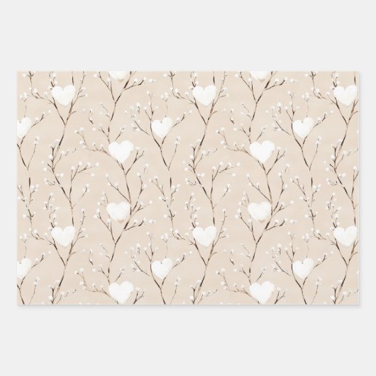 Cream White Bows Hearts Boho Bloemen Verjaardag Inpakpapier Vel (Voorkant)