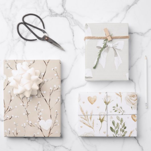 Cream White Bows Hearts Boho Bloemen Verjaardag Inpakpapier Vel (Voorkant)