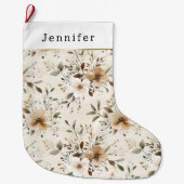 Cream White Brown Floral Christmas Grote Kerstsok (Voorkant)