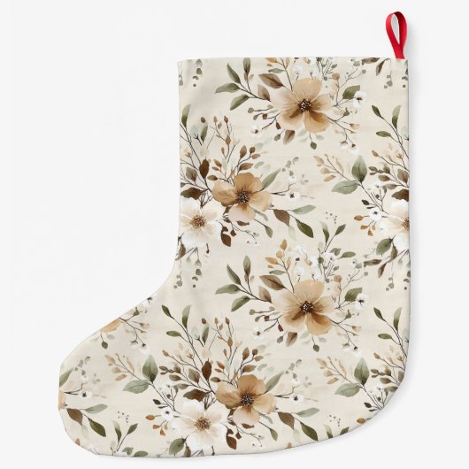 Cream White Brown Floral Christmas Grote Kerstsok (Achterkant)