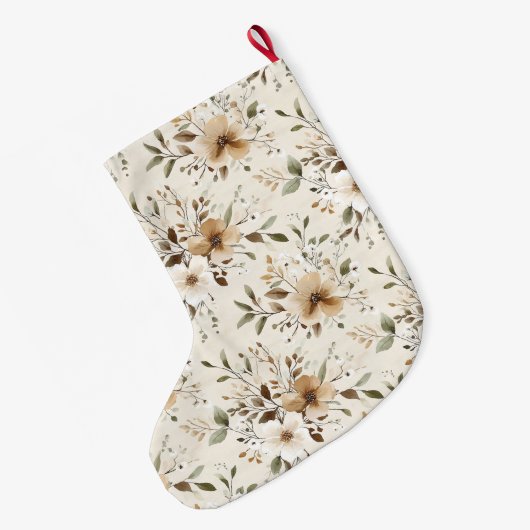 Cream White Brown Floral Christmas Grote Kerstsok (Achterkant (Hangend))