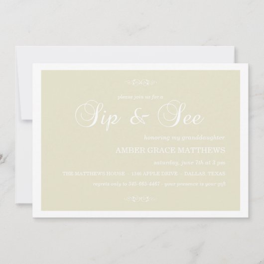 Cream & White Damask Sip en zie uitnodiging (Voorkant)