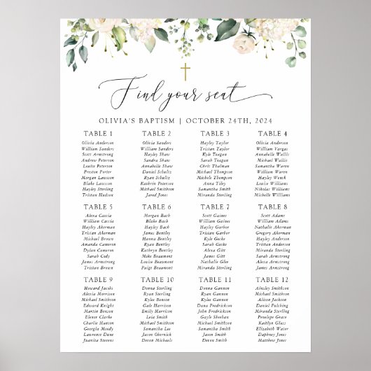 Cream White Flowers, Boho, Baptism Seating Chart Poster (Voorkant)