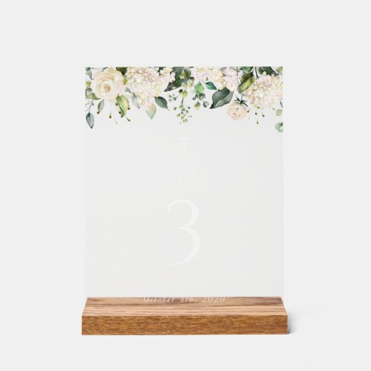 Cream White Flowers, Boho, Baptism Table Numbers Acryl Bord (Voorkant)