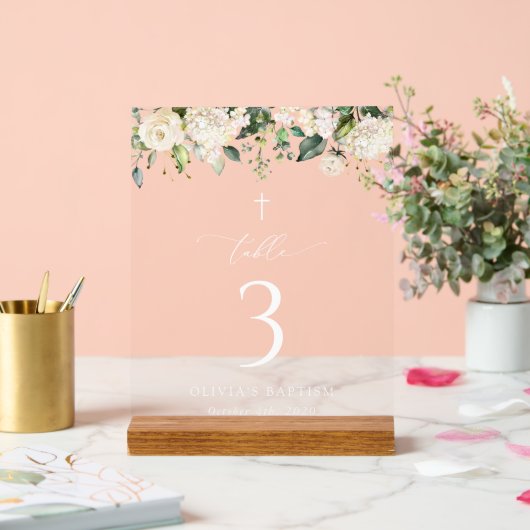 Cream White Flowers, Boho, Baptism Table Numbers Acryl Bord (Huwelijk)