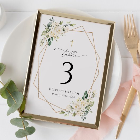 Cream White Flowers, Boho, Baptism Table Numbers Kaart