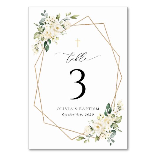Cream White Flowers, Boho, Baptism Table Numbers Kaart (Achterkant)