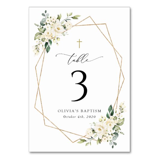Cream White Flowers, Boho, Baptism Table Numbers Kaart (Voorkant)