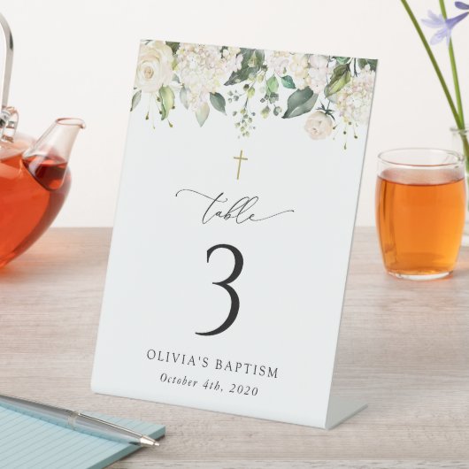 Cream White Flowers, Boho, Baptism Table Numbers Reclamebord Met Voetstuk (Insitu)