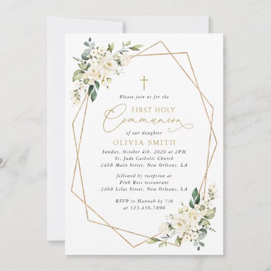 Cream White Flowers, Boho, First Holy Communion Kaart (Voorkant)