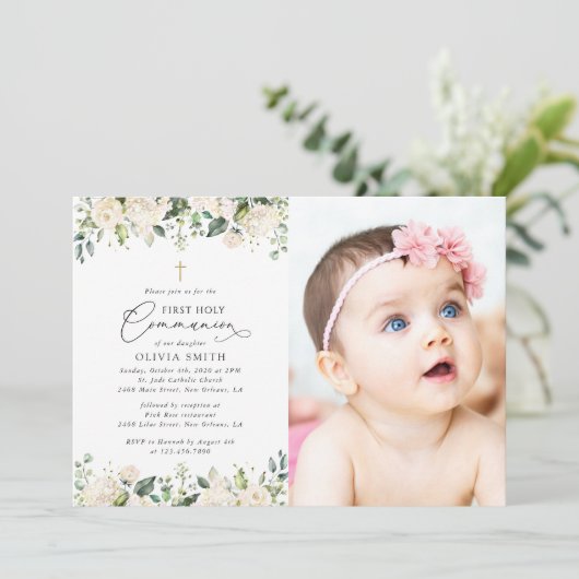 Cream White Flowers, Boho, First Holy Communion Kaart (Staand voorkant)