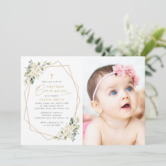 Cream White Flowers, Boho, First Holy Communion Kaart (Staand voorkant)