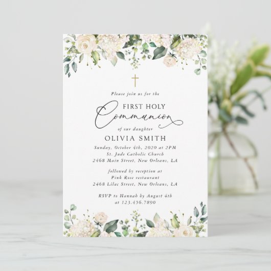 Cream White Flowers, Boho, First Holy Communion Kaart (Staand voorkant)