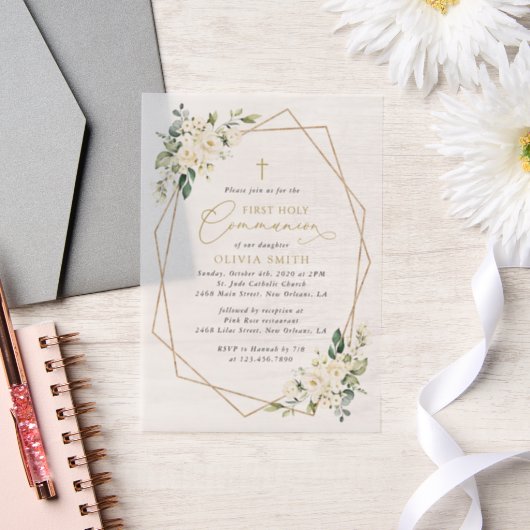 Cream White Flowers, Boho, First Holy Communion Vellum Uitnodigingen (Huwelijk)